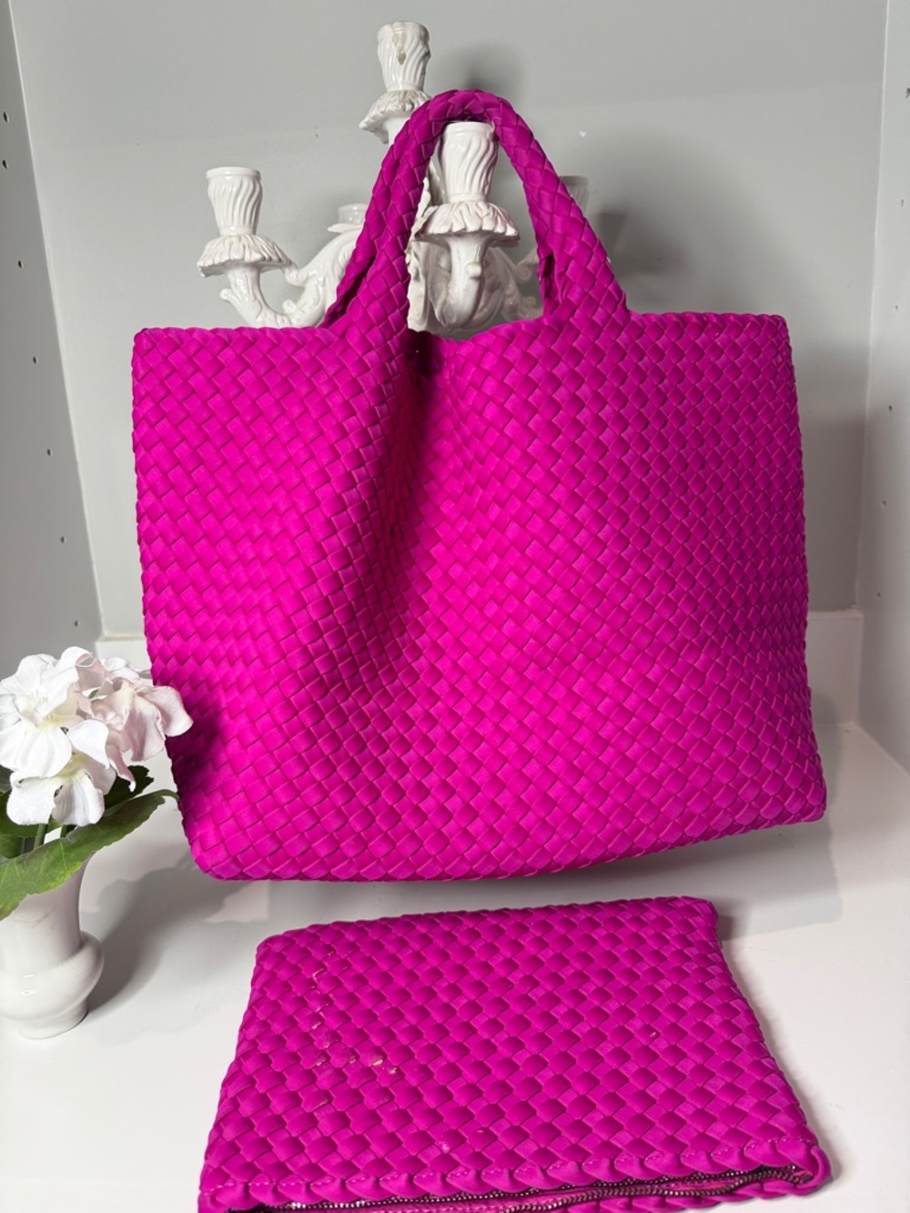 Woven Tote Bag and Pouch Set - Fuchsia Pink - Picture 2 of 4
